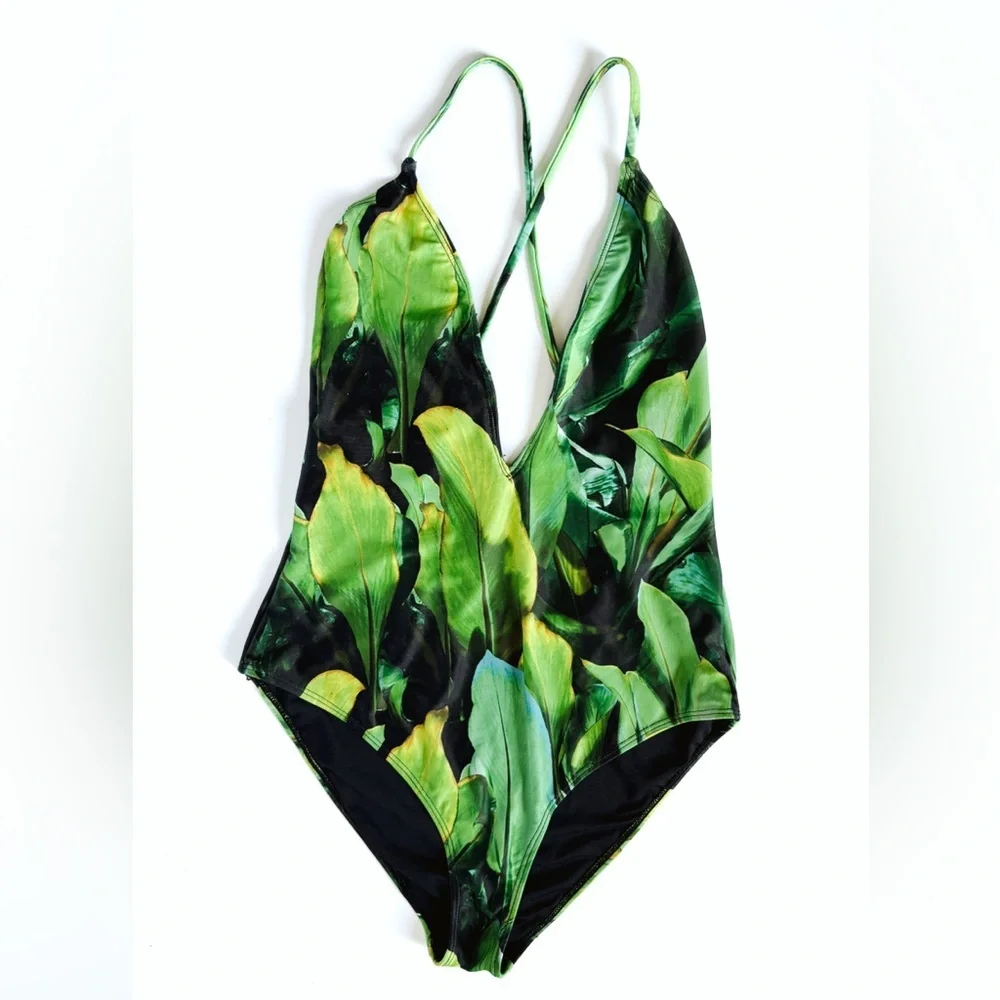 Forever 21 Tropical Green Plunge Neckline One Piece Swimsuit - Size Medium - Picture 4 of 5